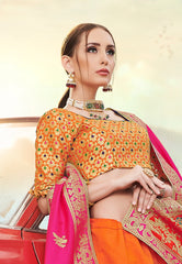 Orange & Pink Designer Wedding Partywear Banarasi Silk Jacquard Lehenga Banarasi Silk Jacquard Dupatta & Banarasi Silk Jacquard Blouse