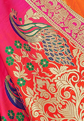 Orange & Pink Designer Wedding Partywear Banarasi Silk Jacquard Lehenga Banarasi Silk Jacquard Dupatta & Banarasi Silk Jacquard Blouse
