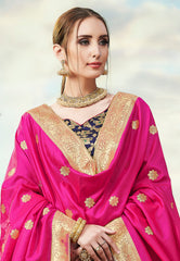 Deep Blue & Pink Designer Wedding Partywear Banarasi Silk Jacquard Lehenga Banarasi Silk Jacquard Dupatta & Banarasi Silk Jacquard Blouse