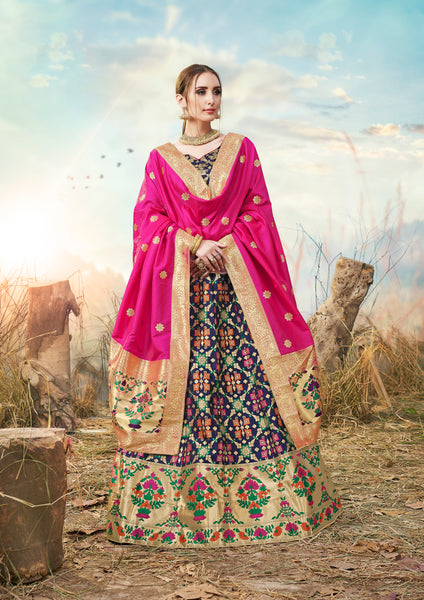 Deep Blue & Pink Designer Wedding Partywear Banarasi Silk Jacquard Lehenga Banarasi Silk Jacquard Dupatta & Banarasi Silk Jacquard Blouse