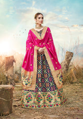 Deep Blue & Pink Designer Wedding Partywear Banarasi Silk Jacquard Lehenga Banarasi Silk Jacquard Dupatta & Banarasi Silk Jacquard Blouse
