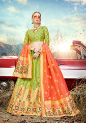 Light Green & Peach Designer Wedding Partywear Banarasi Silk Jacquard Lehenga Banarasi Silk Jacquard Dupatta & Banarasi Silk Jacquard Blouse