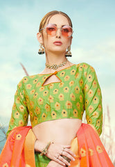 Light Green & Peach Designer Wedding Partywear Banarasi Silk Jacquard Lehenga Banarasi Silk Jacquard Dupatta & Banarasi Silk Jacquard Blouse