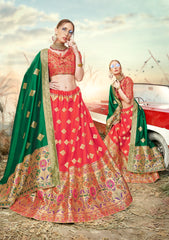 Deep Green & Red Designer Wedding Partywear Banarasi Silk Jacquard Lehenga Banarasi Silk Jacquard Dupatta & Banarasi Silk Jacquard Blouse