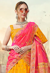 Yellow & Peach Designer Wedding Partywear Banarasi Silk Jacquard Lehenga Banarasi Silk Jacquard Dupatta & Banarasi Silk Jacquard Blouse