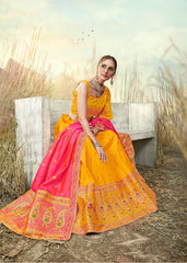 Yellow & Peach Designer Wedding Partywear Banarasi Silk Jacquard Lehenga Banarasi Silk Jacquard Dupatta & Banarasi Silk Jacquard Blouse