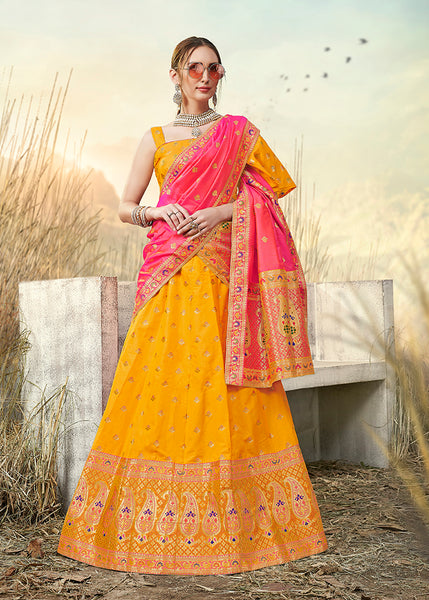 Yellow & Peach Designer Wedding Partywear Banarasi Silk Jacquard Lehenga Banarasi Silk Jacquard Dupatta & Banarasi Silk Jacquard Blouse