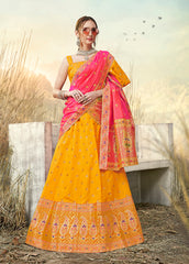 Yellow & Peach Designer Wedding Partywear Banarasi Silk Jacquard Lehenga Banarasi Silk Jacquard Dupatta & Banarasi Silk Jacquard Blouse