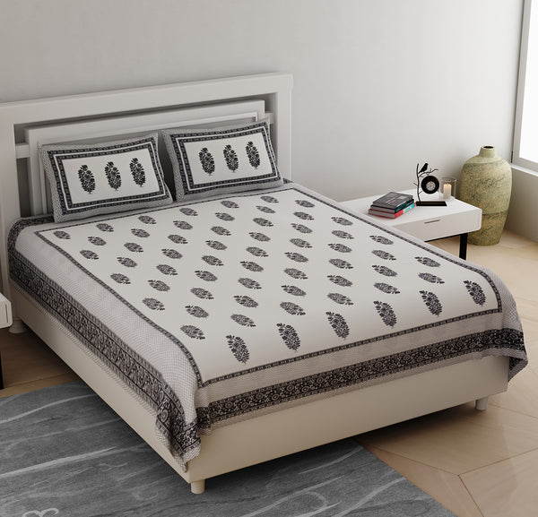 White & Black Pure Cotton Double Bed Ethnic Jaipuri Printed Bedsheet