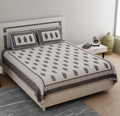 White & Black Pure Cotton Double Bed Ethnic Jaipuri Printed Bedsheet