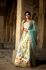 Sea Green & Light Yellow Designer Wedding Partywear Zari Satin Lehenga Net Dupatta & Zari Satin Blouse