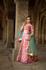 Sea Green & Pink Designer Wedding Partywear Zari Satin Lehenga Net Dupatta & Zari Satin Blouse