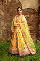 Yellow Designer Wedding Partywear Zari Satin Lehenga Net Dupatta & Zari Satin Blouse