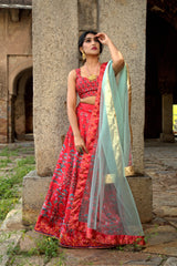 Red Designer Wedding Partywear Zari Satin Lehenga Net Dupatta & Zari Satin Blouse
