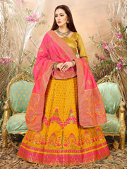 Yellow & Pink Designer Wedding Partywear Banarasi Silk Jacquard Lehenga Banarasi Silk Jacquard Dupatta & Banarasi Silk Jacquard Blouse