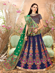 Deep Blue & Green Designer Wedding Partywear Banarasi Silk Jacquard Lehenga Banarasi Silk Jacquard Dupatta & Banarasi Silk Jacquard Blouse