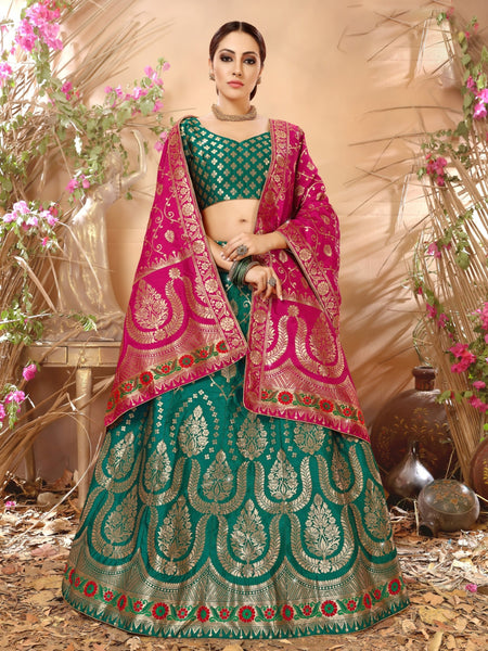 Sea Green & Pink Designer Wedding Partywear Banarasi Silk Jacquard Lehenga Banarasi Silk Jacquard Dupatta & Banarasi Silk Jacquard Blouse