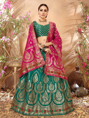 Sea Green & Pink Designer Wedding Partywear Banarasi Silk Jacquard Lehenga Banarasi Silk Jacquard Dupatta & Banarasi Silk Jacquard Blouse