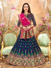 Deep Blue & Pink Designer Wedding Partywear Banarasi Silk Jacquard Lehenga Banarasi Silk Jacquard Dupatta & Banarasi Silk Jacquard Blouse