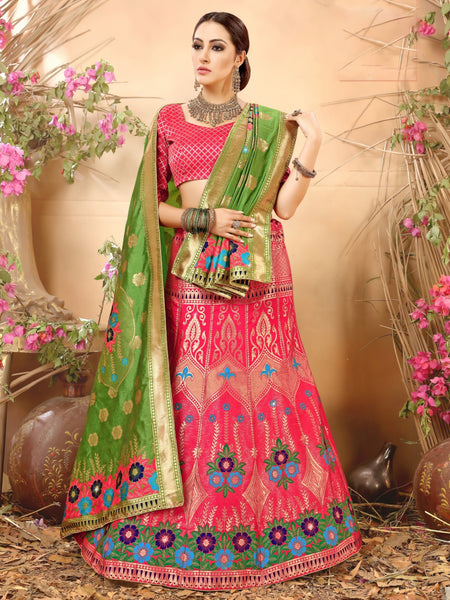 Light green & Pink Designer Wedding Partywear Banarasi Silk Jacquard Lehenga Banarasi Silk Jacquard Dupatta & Banarasi Silk Jacquard Blouse
