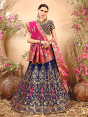 Deep Blue & Pink Designer Wedding Partywear Banarasi Silk Jacquard Lehenga Banarasi Silk Jacquard Dupatta & Banarasi Silk Jacquard Blouse