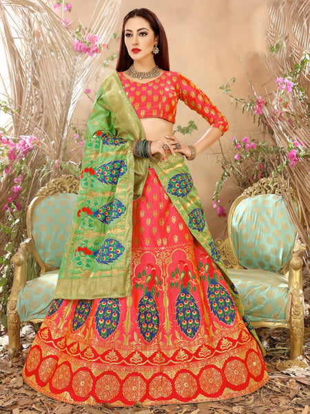 Peach & Light Green Designer Wedding Partywear Banarasi Silk Jacquard Lehenga Banarasi Silk Jacquard Dupatta & Banarasi Silk Jacquard Blouse