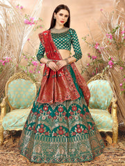 Sea Green & Red Designer Wedding Partywear Banarasi Silk Jacquard Lehenga Banarasi Silk Jacquard Dupatta & Banarasi Silk Jacquard Blouse
