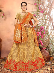 Golden & Orange Designer Wedding Partywear Banarasi Silk Jacquard Lehenga Banarasi Silk Jacquard Dupatta & Banarasi Silk Jacquard Blouse
