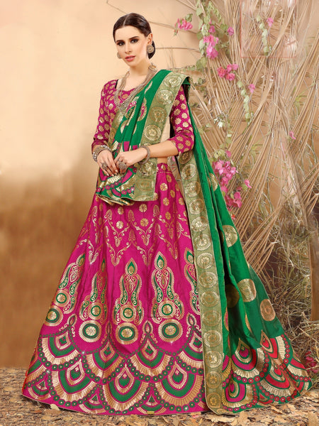 Deep Green & Pink Designer Wedding Partywear Banarasi Silk Jacquard Lehenga Banarasi Silk Jacquard Dupatta & Banarasi Silk Jacquard Blouse