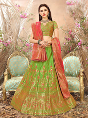 Light Green & Peach Designer Wedding Partywear Banarasi Silk Jacquard Lehenga Banarasi Silk Jacquard Dupatta & Banarasi Silk Jacquard Blouse