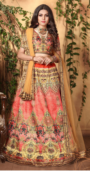 Peach & Golden Designer Wedding Partywear Zari Satin Lehenga Net Dupatta & Zari Satin Blouse