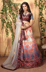White Red & Grey Designer Wedding Partywear Zari Satin Lehenga Net Dupatta & Zari Satin Blouse