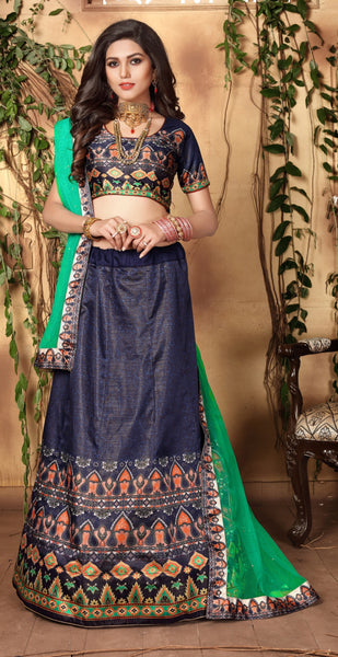 Deep Grey & Green Designer Wedding Partywear Zari Satin Lehenga Net Dupatta & Zari Satin Blouse