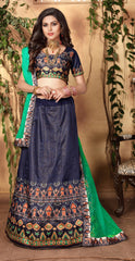 Deep Grey & Green Designer Wedding Partywear Zari Satin Lehenga Net Dupatta & Zari Satin Blouse