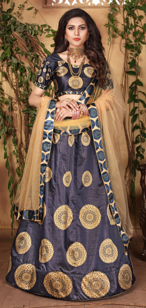 Deep Grey & Golden Designer Wedding Partywear Zari Satin Lehenga Net Dupatta & Zari Satin Blouse