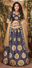 Deep Grey & Golden Designer Wedding Partywear Zari Satin Lehenga Net Dupatta & Zari Satin Blouse