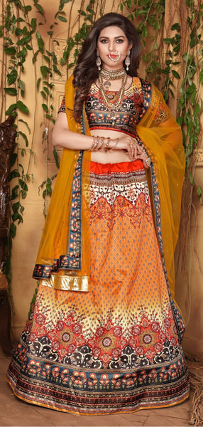 Orange Designer Wedding Partywear Zari Satin Lehenga Net Dupatta & Zari Satin Blouse