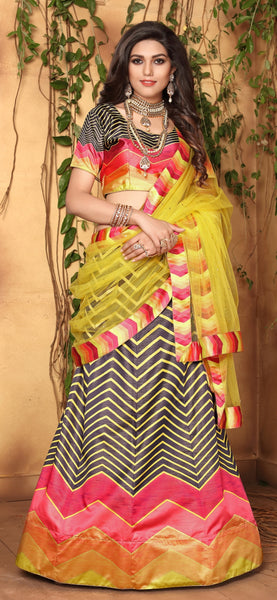 Yellow Pink & Grey Designer Wedding Partywear Zari Satin Lehenga Net Dupatta & Zari Satin Blouse