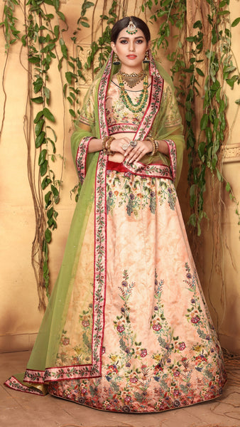 Light Green & Light Peach Designer Wedding Partywear Zari Satin Lehenga Net Dupatta & Zari Satin Blouse
