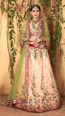 Light Green & Light Peach Designer Wedding Partywear Zari Satin Lehenga Net Dupatta & Zari Satin Blouse