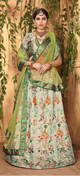 White & Light Green Designer Wedding Partywear Zari Satin Lehenga Net Dupatta & Zari Satin Blouse