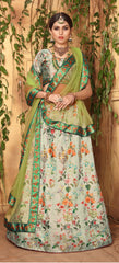 White & Light Green Designer Wedding Partywear Zari Satin Lehenga Net Dupatta & Zari Satin Blouse
