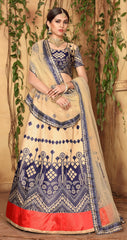 Off White & Blue Designer Wedding Partywear Zari Satin Lehenga Net Dupatta & Zari Satin Blouse