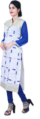 SMSAREE White Blue & Golden Designer Casual Partywear Cotton With Geogette (Viscos Sleeves) Stone & Zari Hand Embroidery Work Stylish Women Kurti Kurta With Free Matching Leggings A174