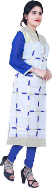 SMSAREE White Blue & Golden Designer Casual Partywear Cotton With Geogette (Viscos Sleeves) Stone & Zari Hand Embroidery Work Stylish Women Kurti Kurta With Free Matching Leggings A174