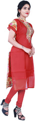SMSAREE Red & Yellow Designer Casual Partywear Cotton (Chanderi) With Floral Printed Raw Silk Zari & Gota Hand Embroidery Work Stylish Women Kurti Kurta With Free Matching Leggings A213