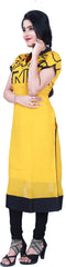 SMSAREE Yellow & Black Designer Casual Partywear Geogette Viscos Applick Hand Embroidery Work Stylish Women Kurti Kurta With Free Matching Leggings A729