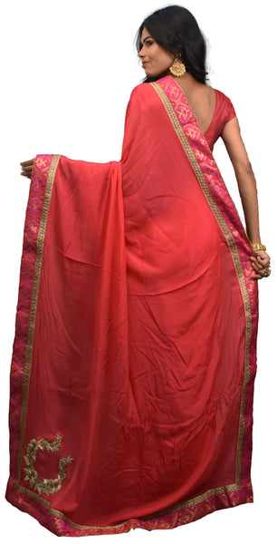 SMSAREE Pink Designer Wedding Partywear Crepe (Chinon) Stone Zari Thread Beads & Bullion Hand Embroidery Work Bridal Saree Sari With Blouse Piece E490