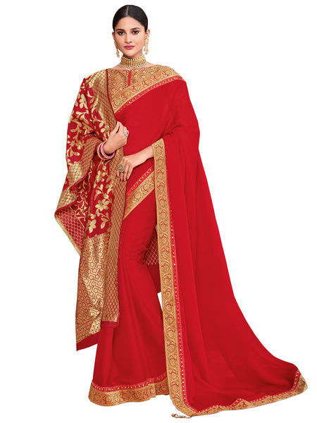 Red Two Tone Silk Full Designer Saree Sari