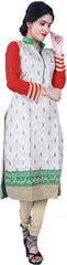 SMSAREE White Red & Green Designer Casual Partywear Cotton (Chanderi) With Geogette (Viscos Sleeves) Thread Hand Embroidery Work Stylish Women Kurti Kurta With Free Matching Leggings B218